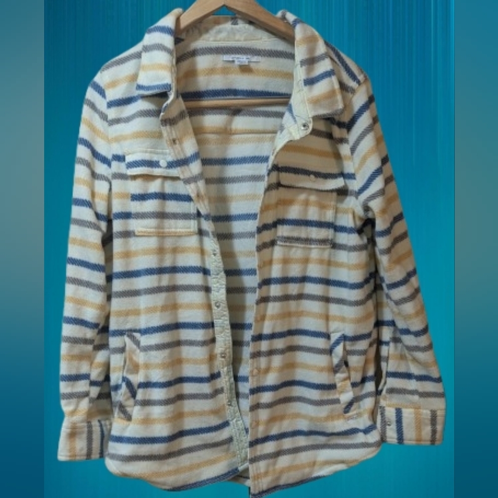 O'Neill Cream and Blue Striped Shirt Shacket Medium Oversized